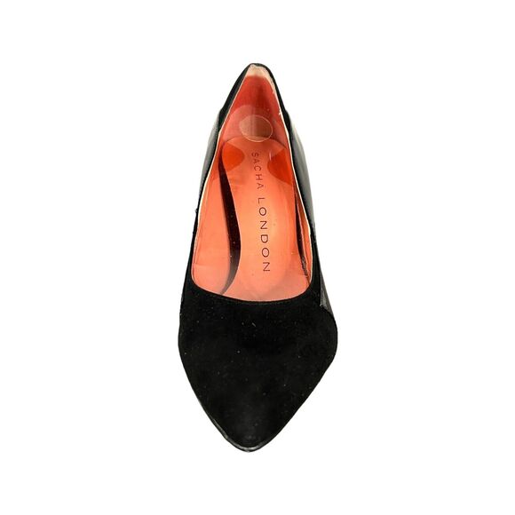 SACHA LONDON Womens US 9 Patent Leather Black Kid Suede Almond Toe Pump Shoe NEW - Picture 2 of 5